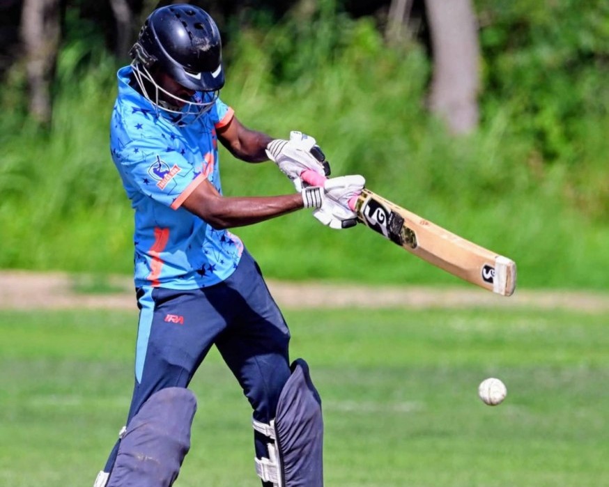 A cricket shot, mid-swing.
